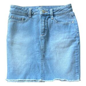 Womens Denim Jean Mini Skirt Frayed Raw Hem Light Wash Front Back Pockets Size 4